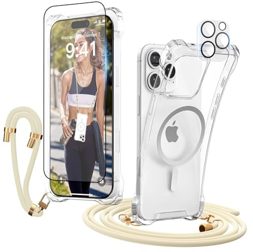 Beige Handykette für iPhone 16 Pro Max Hülle Band Panzerglas Kameraschutz | Handyhülle Kompatibel mit Magsafe, Handyband mit 2 Displaychutzfolie 2 Kamera Schutzfolie, Schutzhülle für iPhone 16 Pro Max
