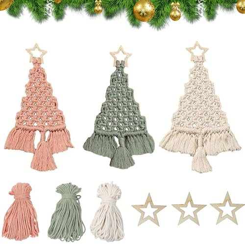RANJIMA Makramee Set für Weihnachtsdeko, 3 Set Weihnachtsbaum DIY Makramee Set für Anfänger, Makramee Garn Kit mit Anleitung,Basteln Erwachsene für DIY Deko Weihnachten, Traumfänger, Weihnachtsschmuck
