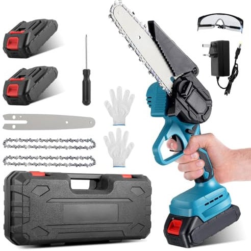 6 Inch Mini Chainsaw Cordless with Brushless Motor,1200W Electric Chain Saw with 2* 4000mAh Batteries & 2* Chains,Portable Handheld Chainsaw for Gardening for Wood Cutting Tree Pruning,UK Plug Charger