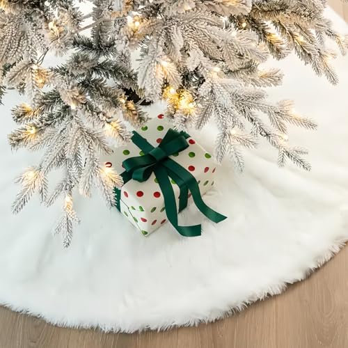 POPOYU Gonna Albero di Natale Peluche,90CM/35'' Bianco Copri Base Albero Natale Sotto Albero di Natale,Tappeto Sotto Albero di Natale per Decorazioni Albero di Natale,Copertura Base Albero di Natale