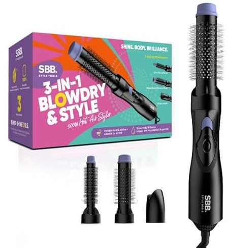 SBB 3 in 1 Blow Dry & Style Hot Brush Air Styler - 500-W-Warmluftbürste mit Keramik Rundbürste zum Föhnen, Rundbürstenföhn für Locken, Heißluft Styling Bürste für Volumen - alle Haartypen