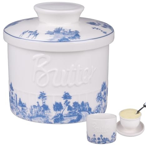 imposyu Beurrier à Eau Bleu Beurrier Ceramique 6,7oz Conserve de Beurre Fromage Beurrier à Eau avec Couvercle pour Conserver le Beurre Frais