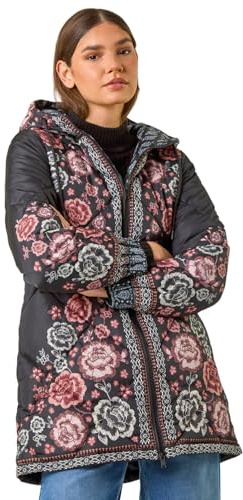 Roman Originals Floral Print Quilted Hooded Coat for Women UK - Ladies Everyday Autumn Winter Funnel Neckline Comfy Soft Evening Vacation Work Party Night Out - Black - Size 12