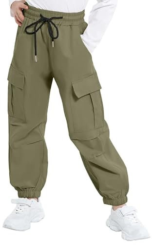 JiAmy Pantaloni cargo da ragazza, con elastico in vita, casual, larghi, pantaloni da paracadute, multi tasche, pantaloni da danza Y2k, per bambini da 5 a 14 anni, Verde, 7-8 Anni