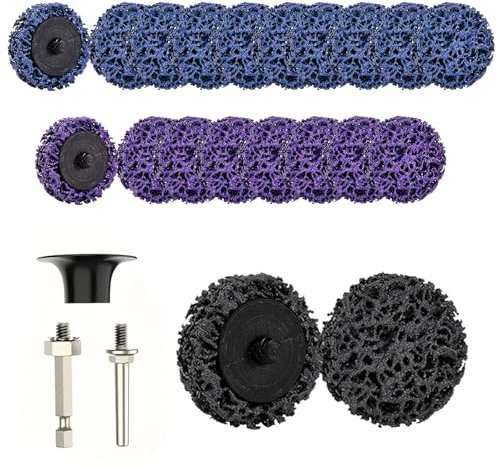 Jortmrd 23 Piezas Discos Abrasivos CSD 50mm,Disco de Lijado Grueso en Nylon,Polietileno,Eliminación de Óxido,Pintura y Barniz en Metal/Acero Inoxidable/Hierro con Soporte y Biela (Azul/Negro/Púrpura)