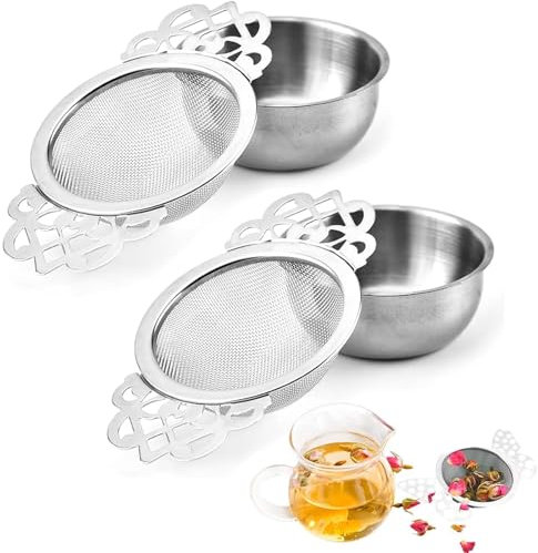 2 Pcs Tea Strainer, Tea Strainers for Loose Tea, Tea Strainer Fine Mesh, Tea Leaf Strainer, with Double Handles Tea Filter for Loose Tea Juice Coffee Filter for Teapots Mugs Cups (Gloden)