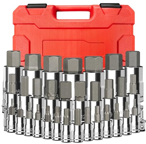 zozoa Lot de 34 douilles Allen à six pans creux, entraînement 1/4, 3/8, 1/2, SAE & métrique, 2-19 mm et 5/64-3/4, avec adaptateurs de foret et mallette de rangement portable, acier allié S2
