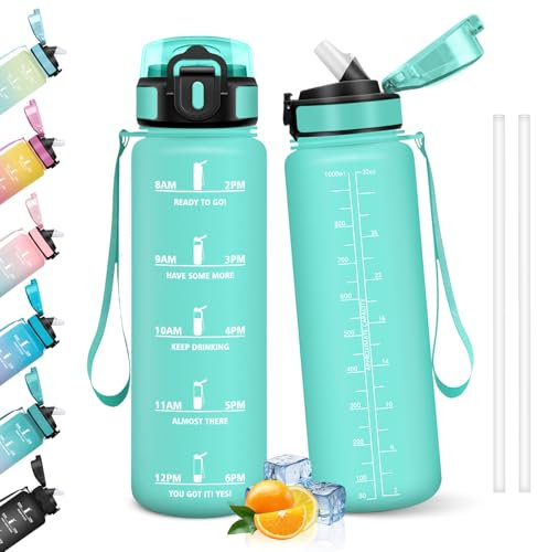 HoneyHolly Borraccia 1 Litro, Libre de BPA & A Prova di Perdita, Water Bottle con Cannuccia, Reutilizables, Bottiglia Motivazionale, Water Bottle per Scuola, Palestra, Ufficio, Sport