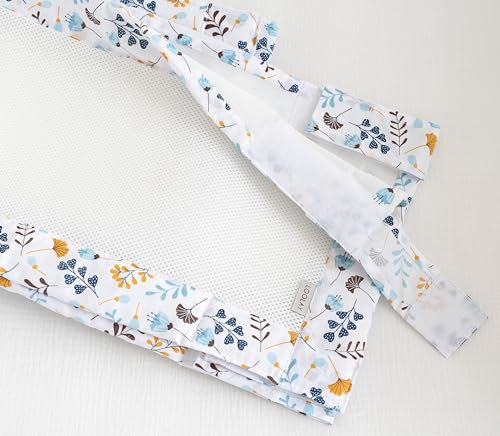 LOOLAY Bettumrandung für 140 x 70 cm Babybett – 2 Teiliges 130 x 30 cm Atmungsaktives Bettumrandung aus Netzstoff – Babybett Umrandungen – Klettverschluss stark Befestigung (Blau Gelb Blumen)