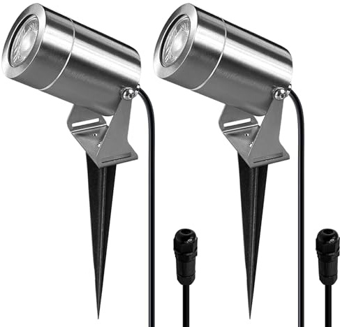JNR Edelstahl LED Gartenbeleuchtung mit Strom und Erdspieß, Silber 2 Pack | IP65 Wasserdicht Gartenlampen für Draußen Strom mit 2M Kabel Kein Stecker, Gartenleuchten 5W GU10 3000K Warmweiß Glühbirne