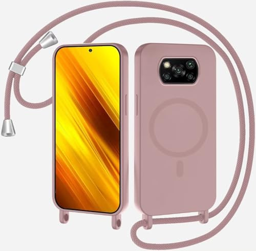 Handykette für Xiaomi Poco X3 NFC/X3 Pro/X3 Hülle mit Band,Handyhülle Kompatibel mit MagSafe,Kabellosem Laden Silikon Seil Necklace Handyhülle mit Abnehmbar Kordel zum Umhängen Case,Sandpulver