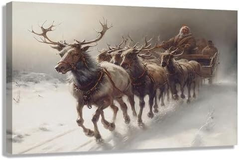 Decorazione da parete natalizia for la casa, stampa su tela di Babbo Natale, renne e slitta, poster con albero di Natale(Framed3,16x24inch(40x60cm))