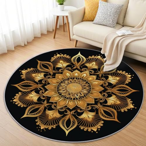 AevuCub Mandala Teppich Rund 120cm Kurzflor - Waschbare Teppiche Wohnzimmer Schwarz Gold - Runder Teppich 120 Durchmesser Kinderzimmer - Bettvorleger Schlafzimmer rutschfest Weich