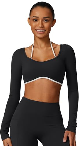 IDOPIP Sportshirt Damen Langarm für Yoga: Rückenfrei Kontrastfarbe Gym Top mit integriertem BH - Kompression Langarmshirt für Sport und Fitness schwarz Medium