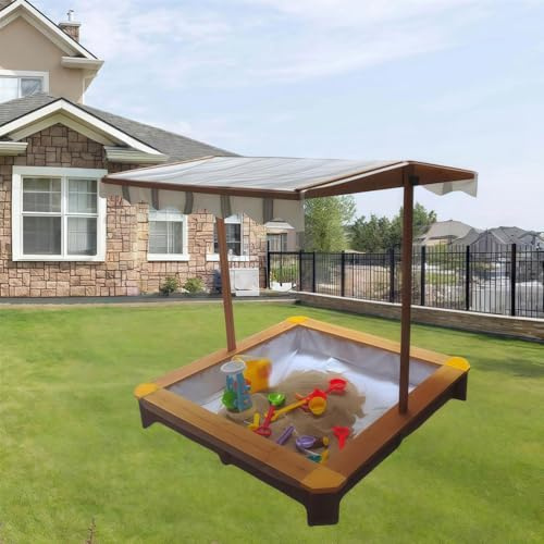 SAYEYBU 46.5 Inch x 46.5 Inch Kids Sandbox with Cover Height Angle Adjustable with Rotatable UV Resistant Canopy Sand Protection Bottom Liner for Home Backyard Beach Outdoor,Log color