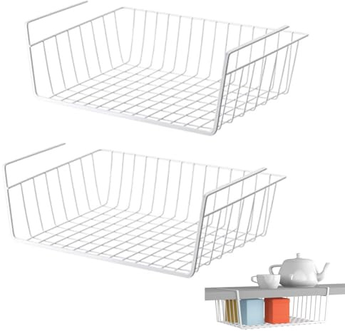 miaomiao 2 Stück Unterregal Hängekorb, Aufbewahrungskorb aus Metall, Regal Unter Schrank Hängekorbs, Einhängekorb Regaleinhängekorb für Küche, Speisekammer, Büro, Schreibtisch (Weiße)
