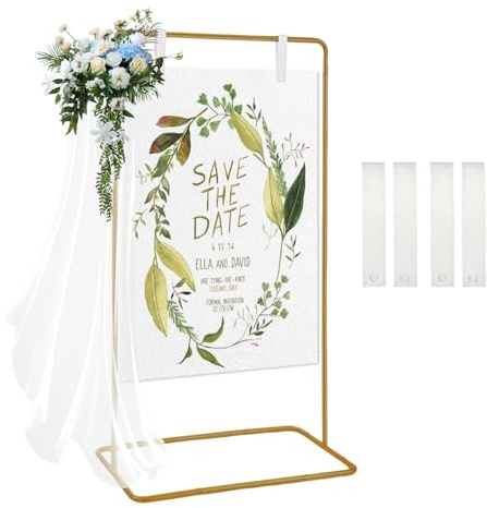 Hochzeitsständer,Hochzeitsschild Halter Höhenverstellbar 68 Zoll und 50 Zoll,Willkommensschild mit 4 Lederriemen,Staffelei Hochzeit,Metall Posterhalter in Gold für Sitztabelle,Empfang,Poster