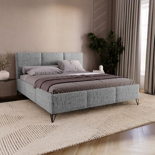 Chilly. Möbel Design Bett Modero - Polsterbett 140x200 mit Bettkasten, Lattenrost und Kopfteil – Klassischer Neve-Samt Stoffbezug Grau