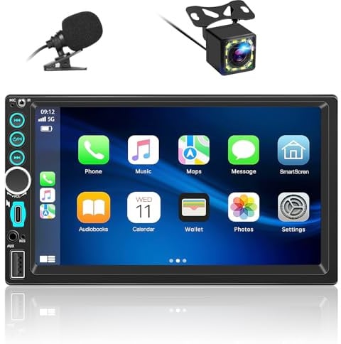 Autoradio 2 DIN Bluetooth Autoradio Car Play Voiture avec sans Fil carplay & Android Auto, 7 Pouces HD Écran Tactile, AUX/FM, Mirror Link, Microphone, Contrôle Vocal, Caméra de recul, EQ, USB Type-C