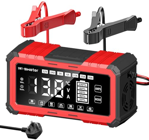 SWTsweter 20A Car Battery Charger, 12V/24V Lifepo4 Lead Acid Battery Charger, Upgraded Automobile Smart Trickle Battery Maintainer for AGM, Car Motorcycle Boat Caravan