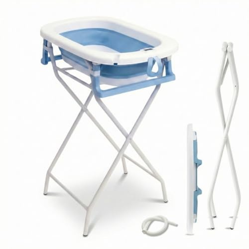 BAÑERA PLEGABLE PARA BEBÉ | Diseño Portátil y Plegable | Recién Nacido | Con Termómetro + Patas Antideslizantes + Tapón de Desagüe (Azul Soporte)