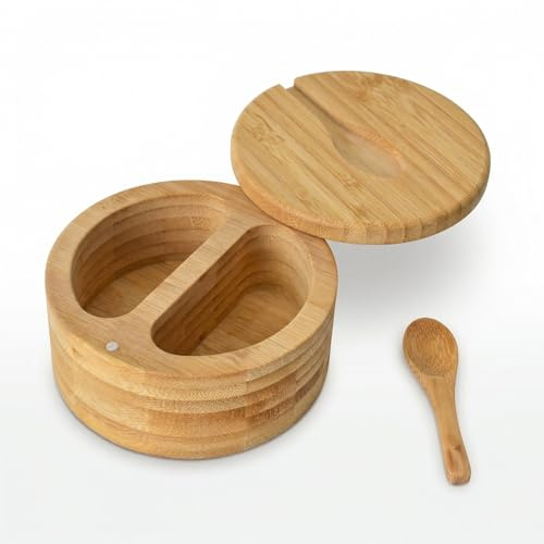Naapesi Salero para Cocina Bambú, Wood Salt Cellar Bowl Box, Recipiente para Sal de Cocina, Wooden Salt Box, con Tapa Giratoria & Cuchara, para Sal, Especias (12x12x6cm)