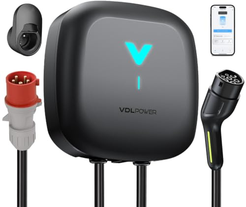 VDLPOWEREU Wallbox 11kW mit APP, Typ 2 Ladekabel, 3-Phasen EV-Ladegerät, 400V 6–16A, 6m Kabel mit Kabelhalter, RCD Typ A & IP67, Ladestation mit WLAN & Bluetooth, für BEV PHEV
