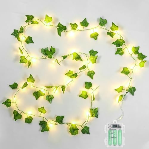 Annefly 2Pack 6.56Ft Artificial Ivy with 20 LED Battery Fairy Lights, 8 Lighting Modes, Fake Vine Leaves Ivy Garlands for Home Bedroom Wall Indoor Outdoor Decoration
