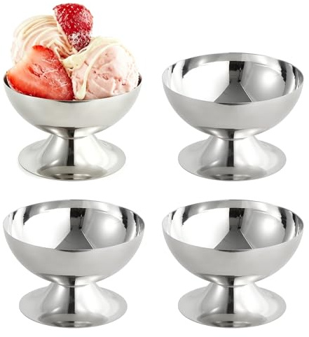 Mocifa 4 Pièces Coupes à Glace Inox Sur Pied, Ø 10cm 180ml | Bols à Dessert en Acier Inoxydable, Coupelle à Glace Inox, pour Dessert, Pudding, Crème, Yaourt, Fruits (10 x 6.2 cm)