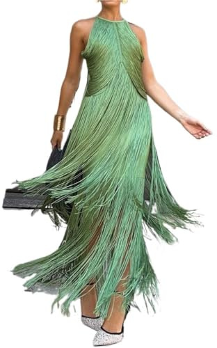 Vestido con Flecos Elegant Tassel Splicing Solid Gowns Dress Women Fashion Hight Wasit Sleeveless Long Sexy Backless Slim Evening