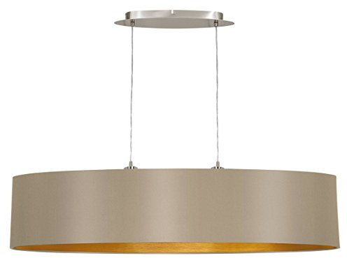 EGLO Pendellampe Maserlo, 2 flammige Textil Pendelleuchte, Hängeleuchte oval aus Metall in Silber und Stoff in Taupe, gold, E27 Fassung, L 100 cm