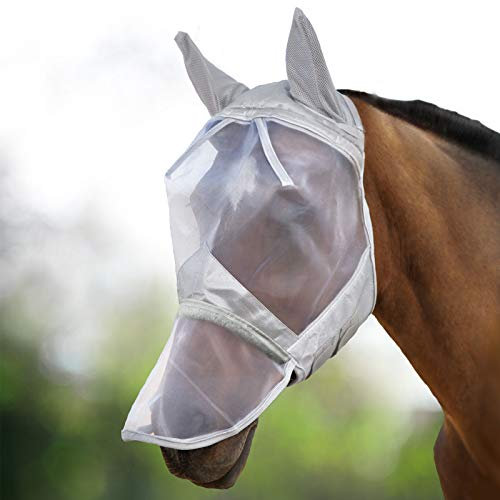 Harrison Howard CareMaster UV-Proof Dicke Fleece Polsterung Transparent Fine Mesh Pferde Fliegenmaske UV-Schutz Ohren und Nasenschutz Silber Vollblut (M)