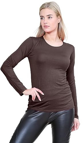 janisramone® Long Sleeve T Shirts Women, Plain Round Neck Breathable Basic Summer Tops for Women UK, Stretchy Slim Fitted Going Out Tops Brown