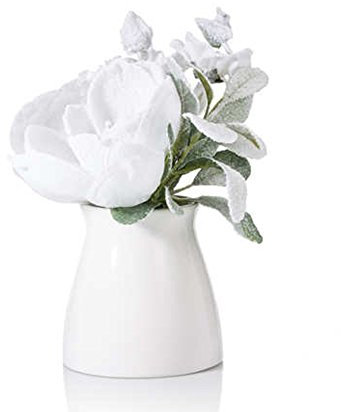 Beschneites Christrosen Kunstblumen-Bouquet in Keramik Vase, mit Magnolien, Eselsohr und Tannenzweigen …