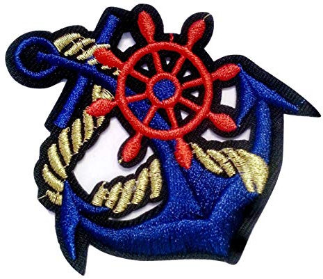 Aufnäher Iron on Patches für Jacken Jeans Kleidung Aufbügler Wappen Applikation Stickerei Marine Maritim Anker groß Rot Blau 8 x 7,3 cm