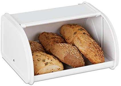 Relaxdays 10030067 Panera, con Tapa Enrollable, Hermética, Pan y Panecillos, Metal, 13,5 x 26 x 21 cm, Guardar Bollería, Blanco, Acero