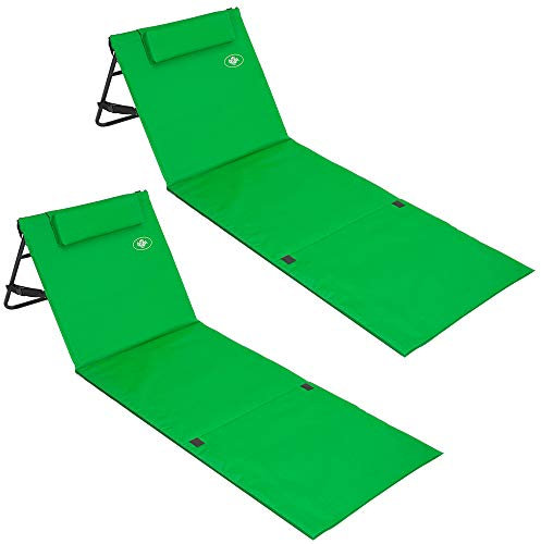 DETEX® 2X Strandmatte mit Rückenlehne Gepolstert Grün Sonnenliege klappbar UV-beständig Tasche Reißverschluss Kissen Tragegurt Garten Camping Picknick Liegematte 158x56cm