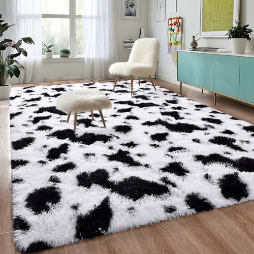 DweIke Superweiche Shaggy-Teppiche, flauschige Teppiche, 90 x 150 cm, Kuhdruck für Wohnzimmer, Schlafzimmer, flauschiger Teppich für Mädchen, Kinderzimmer, Zottelplüsch-Teppich für