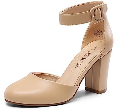 DREAM PAIRS Womens High Heels Closed Toe Court Shoes Block Ankle Strap Ladies Sandals for Wedding,Size 5.5,Nude-Pu,Angela