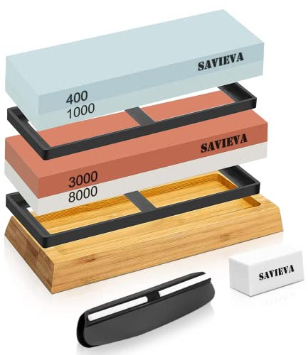 Savieva Knife Sharpening Stone Kit - 400/1000 3000/8000 Grit Double Sided Whetstone Sharpeners with Non-Slip Bamboo Base and Angle Guide, Knife Sharpeners Water Stone Kit for Kitchen Knives