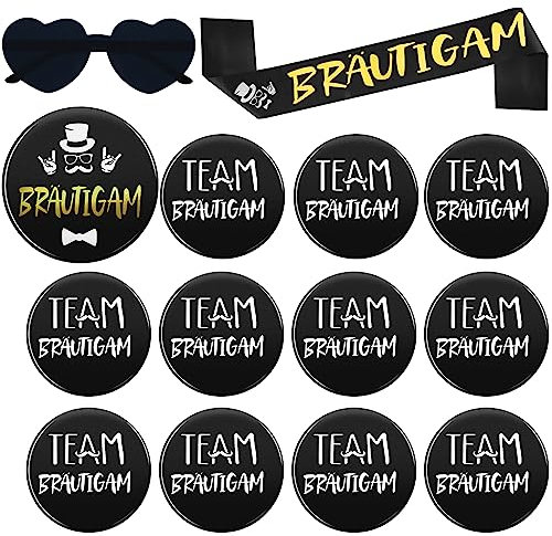 14 Stück Bräutigam Button Schärpe Set,Brille für Junggesellenabschied,Bräutigam Abzeichen,Bräutigam Satin Schärpe,Team Bräutigam Buttons Anstecker,Hochzeit Junggesellenabschied Accessoires