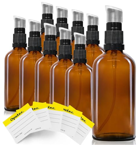Oputec Lot de 10 distributeurs à pompe de voyage en verre ambré + 10 étiquettes - Petites mini bouteilles - Distributeur de lotion à remplir