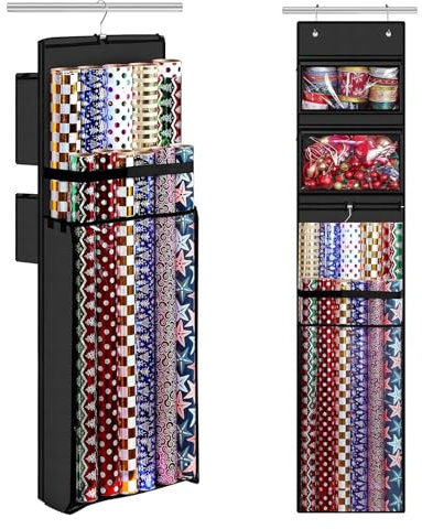 Magazzino organizzatore del confezionamento carta, portapezzi nero a doppia faccia appesi per regali per natale, sopra la porta contenitore a manica per armadio, Wrapper Station