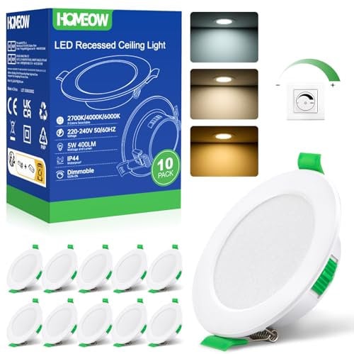 HOMEOW LED Einbaustrahler 230V Dimmbar, Led Spots 5W 400LM Warmweiß Neutralweiß Kaltweiß, IP44 Einbaustrahler LED 68mm -78mm Lochmaß, 24mm Ultra Flach Deckenspots für Badezimmer Küche, 10er Set