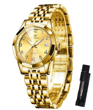 OLEVS Damen Uhr Luxus Gold Edelstahlband Analoger Quarz Damenuhr Klassisches Kleines Gesicht Arabische Ziffern Diamanten Uhr Damen Leuchtend Wasserdicht mit Datum Watches for Women