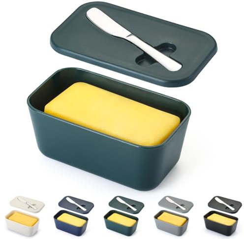Butter Dish with Lid for Countertop and Refrigerator Door Shelf, ReaNea Plastic Butter Holder Tray Container with Butter Knife, Easy Scoop Dishwasher Safe