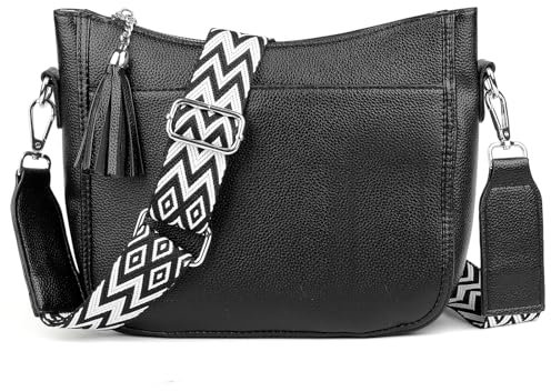 TaoQ C Umhängetasche Damen Leder Handtasche Mittelgroß Crossbody Bag Mit Breitem Schultergurt für Damen, Schwarz