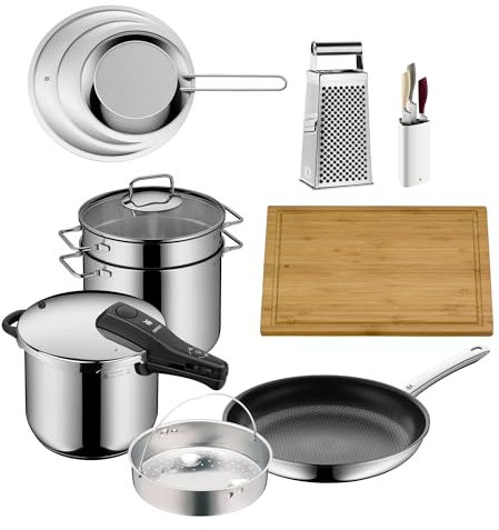 WMF Set 7-teilig Perfect One Pot Schnellkochtopf, ElementsJoy Messerblock mit Messerset, Nudeltopf, Schneidbrett Bambus, Profi Resist Bratpfanne, Profi Plus Pfannen Spritzschutz Gourmet Vierkanntreibe