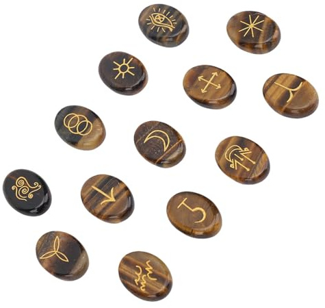 Riuulity Rune Stone Carving Kit Einzigartiges Dekoratives Design für Glücksmeditation 13 Stück für Brettspiele (Gelb Tigerauge)