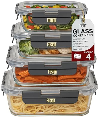 Fusion Food Storage Containers with Airtight Lids 4 Pack - 370/640/1040/1520ml Glass Meal Prep Containers Set, Oven, Microwave, Freezer & Dishwasher Safe, BPA Free, Leak Resistant Glass Food Container